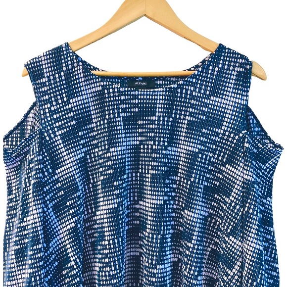 ALFANI Accordion Pleated Cold Shoulder Tunic Top Women’s SIZE XXL Blue Polka Dot - Picture 2 of 11